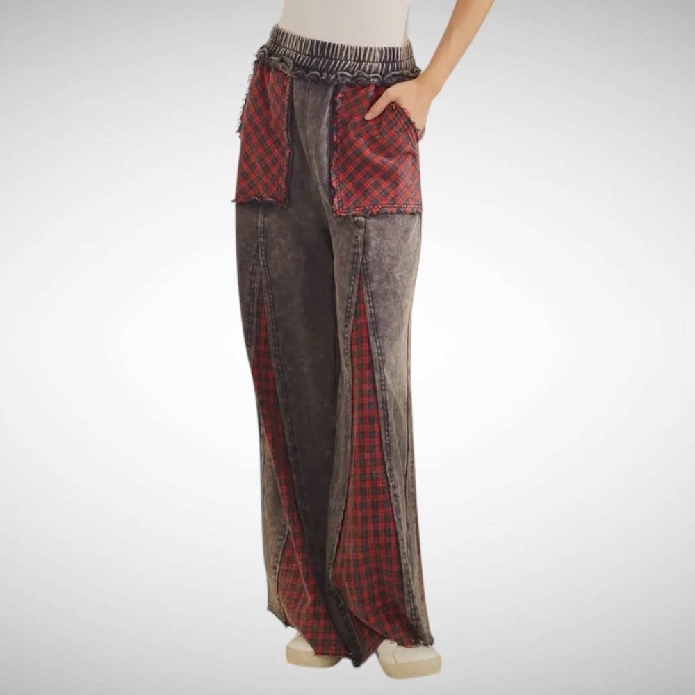 Sage + Fig Grunge Patch Plaid Wide-Leg Pants Navy/Red Size S